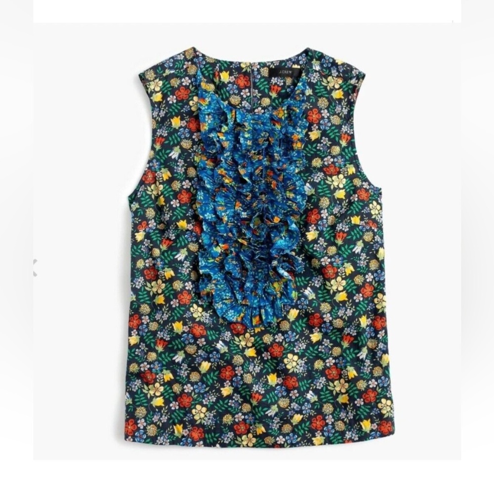 J. Crew Navy Floral Ruffle Sleeveless Top